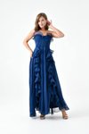 Lacivert Uzun Straplez Transparan Volan Detay Tasarım Abiye Elbise