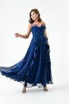 Lacivert Uzun Straplez Transparan Volan Detay Tasarım Abiye Elbise