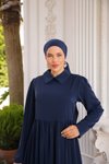 Lacivert Yakalı Pelerinli Tesettür Elbise