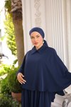 Lacivert Yakalı Pelerinli Tesettür Elbise