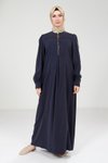 Lacivert Yakası Fermuarlı Renk Tesettür Elbise