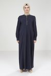 Lacivert Yakası Fermuarlı Renk Tesettür Elbise