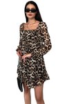 Leopar Mini Şifon Kumaş Desen Düşük Yaka Elbise