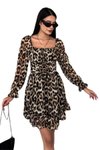 Leopar Mini Şifon Kumaş Desen Düşük Yaka Elbise