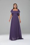 Leylak Lila Uzun Volan Kol Veya Düşük Omuz Detaylı Şifon Abiye Elbise