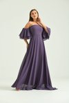 Leylak Lila Uzun Volan Kol Veya Düşük Omuz Detaylı Şifon Abiye Elbise