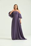 Leylak Lila Uzun Volan Kol Veya Düşük Omuz Detaylı Şifon Abiye Elbise