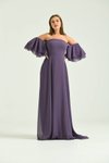 Leylak Lila Uzun Volan Kol Veya Düşük Omuz Detaylı Şifon Abiye Elbise