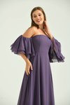Leylak Lila Uzun Volan Kol Veya Düşük Omuz Detaylı Şifon Abiye Elbise