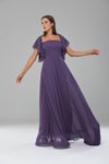Leylak Lila Uzun Volan Kol Veya Düşük Omuz Detaylı Şifon Abiye Elbise
