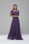 Leylak Lila Uzun Volan Kol Veya Düşük Omuz Detaylı Şifon Abiye Elbise