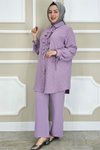 Lila Çigili Fırfırlı Gömlek Pantolon İkili Takım