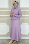 Lila Taş Detaylı Gömlek Etek İkili Takım