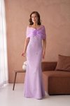 Lila Uzun Organze Tül Düşük Omuz Taş Detaylı Balık Abiye Elbise