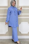 Mavi Çigili Fırfırlı Gömlek Pantolon İkili Takım