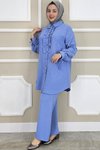 Mavi Çigili Fırfırlı Gömlek Pantolon İkili Takım
