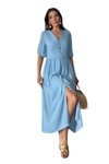 Mavi Midi Yazlık Beyaz V Yaka Astarlı Düğme Detaylı Kısa Kollu Elbise