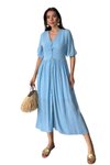 Mavi Midi Yazlık Beyaz V Yaka Astarlı Düğme Detaylı Kısa Kollu Elbise