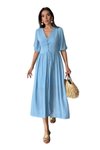 Mavi Midi Yazlık Beyaz V Yaka Astarlı Düğme Detaylı Kısa Kollu Elbise