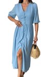 Mavi Midi Yazlık Beyaz V Yaka Astarlı Düğme Detaylı Kısa Kollu Elbise