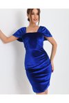 Mavi Mini Fransız Kadife Düşük Omuz Abiye Elbise