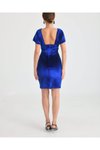 Mavi Mini Fransız Kadife Düşük Omuz Abiye Elbise