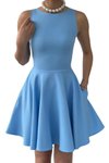 Mavi Mini Mezuniyet &amp; Balo Sıfır Yaka Fırfırlı Etek Abiye Elbise