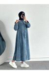 Mavi Önü Düğmeli Pile Detaylı Denim Kap Pardesü