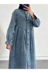 Mavi Önü Düğmeli Pile Detaylı Denim Kap Pardesü