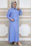 Mavi Taş Detaylı Gömlek Etek İkili Takım