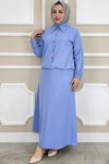 Mavi Taş Detaylı Gömlek Etek İkili Takım