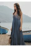 Mavi Uzun Askılı Kroşe Panelli Elbise