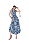 Blue Long Elastic Waist V-Neck Patterned Viscose Fabric Dress