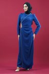 Mavi Yan Şerit Taş Detaylı Tesettür Abiye Elbise