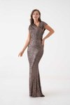 Metallic Long Shoulder Detailed Sequined Mermaid Evening Dress