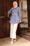 Tesettür Mavi Çizgili Cep Detaylı Gömlek Pantolon Takımı