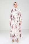 Mürdüm Baskılı Beyaz Tesettür Elbise