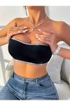 Siyah Askısız Simli Çarpraz Lastikli Crop