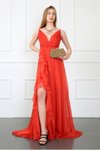 Pomegranate Color Long Ruffled Slit Detail Strap Evening Dress