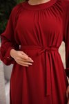 Bordo Ankanoor Reglan Kollu Büzgü Yaka Elbise
