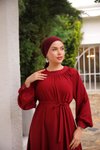 Bordo Ankanoor Reglan Kollu Büzgü Yaka Elbise