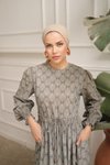 Gri Bel Lastikli Etnik Desen Fişek Elbise
