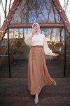 Koyu Camel Ankanoor Fiyonklu Keten Uzun Etek