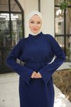 Lacivert Ankanoor İp Kuşaklı Rahat Kesim Triko Elbise
