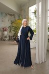 Navy Blue Ankanoor Cuffed and Double Piped Front Abaya