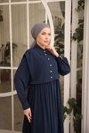Lacivert Ankanoor Önlüklü Medine İpeği Elbise
