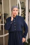 Lacivert Ankanoor Önlüklü Medine İpeği Elbise