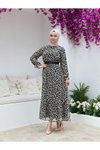 Leopar Eteği Büzgülü Rahat Kesim Şifon Elbise