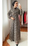 Leopar Kruvaze Yaka Desen Şifon Elbise