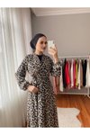 Leopar Kruvaze Yaka Desen Şifon Elbise